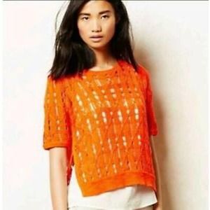 Anthropologie Moth Orange Open Weave Crochet Knit Short Sleeve Cropped Sweater L